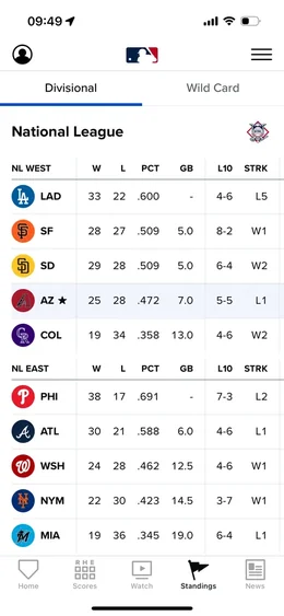MLB app — standings screen on iPhone