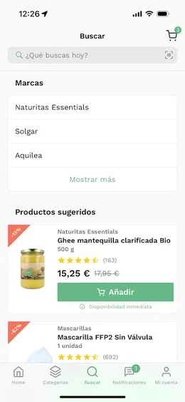 Naturitas app — product catalogue screen on iPhone
