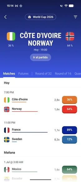 Polymarket app — markets list screen on iPhone